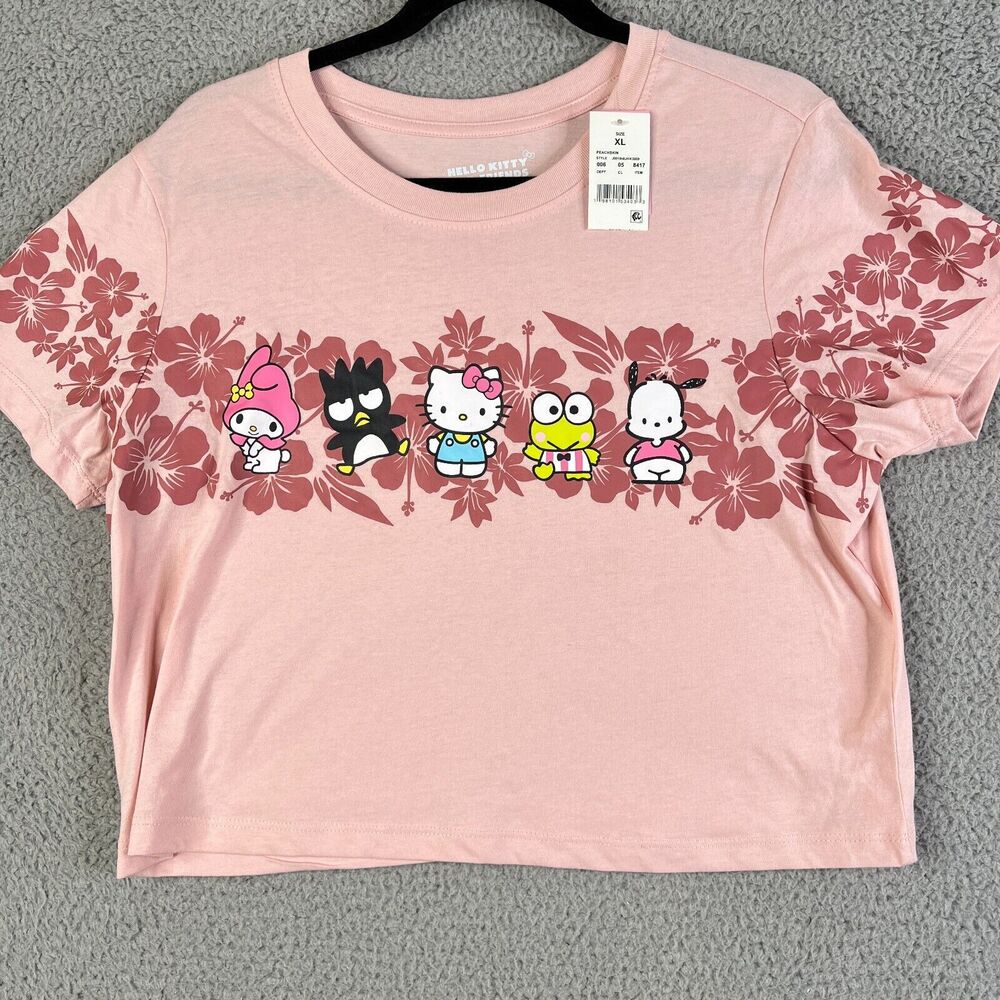 HELLO KITTY Crop Top Womens Extra Large Pink Floral Graphic T Shirt Friends